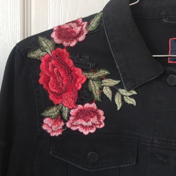 Distressed black embroidered jean jacket. - Picture 3 of 8